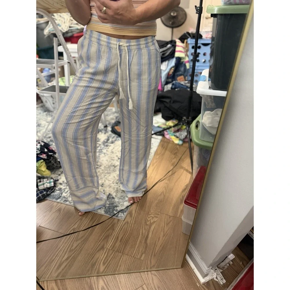 H&M DIVIDED Coastal Blue White Striped Linen Blend Wide Leg‎ Pants Women's Small